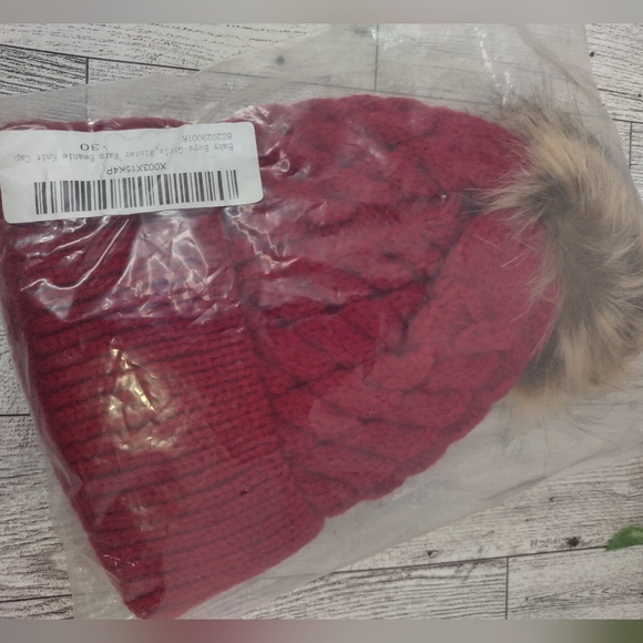 Baby Boy Girl Winter Warm Knit Beanie With Gloves Red Christmas - Picture 4 of 4